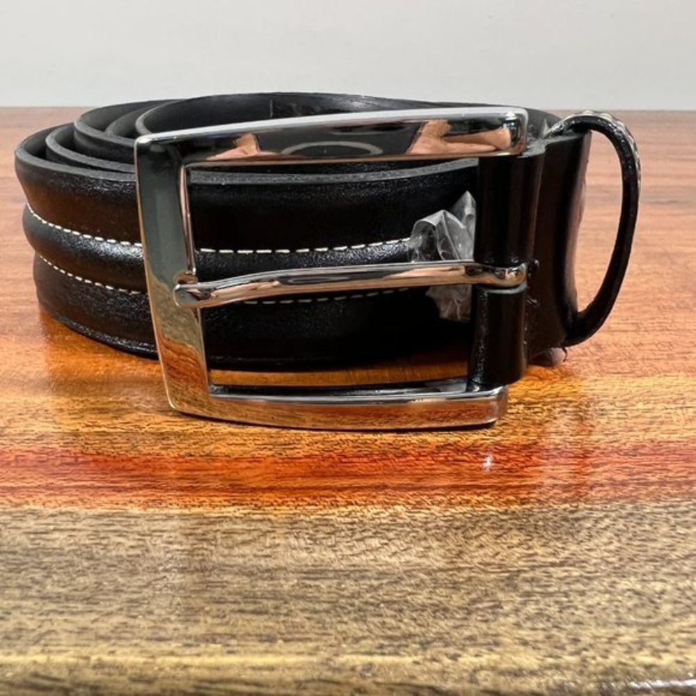 KINGSPORT BENCH CRAFT Black Genuine Leather Cream Stitch Silver Brass Buckle (50